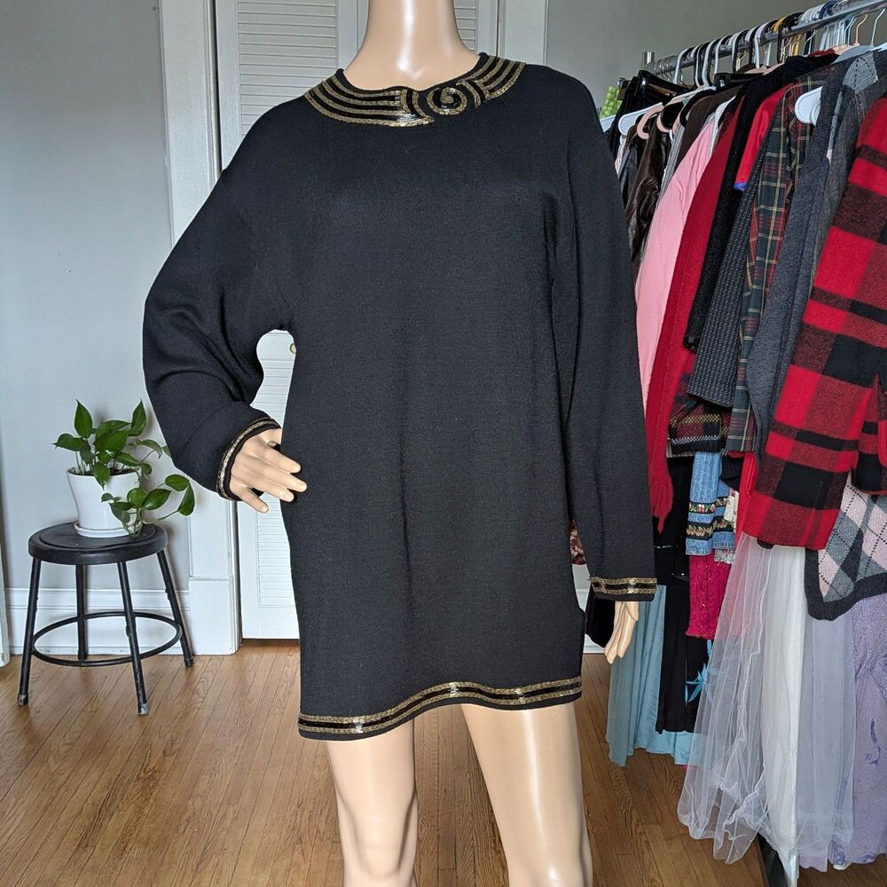 Vintage 80s Harve Benard Wool Sweater Dress Double Knit Beaded Rose Size S